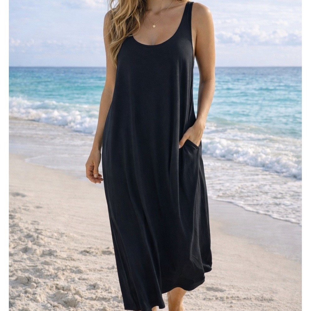 Eileen Fisher Petite M Tank Midi Dress Black Pockets Cover Up Viscose